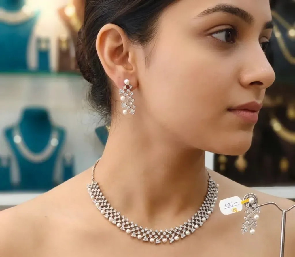 Small Diamond And Moti American Diamond Necklace
