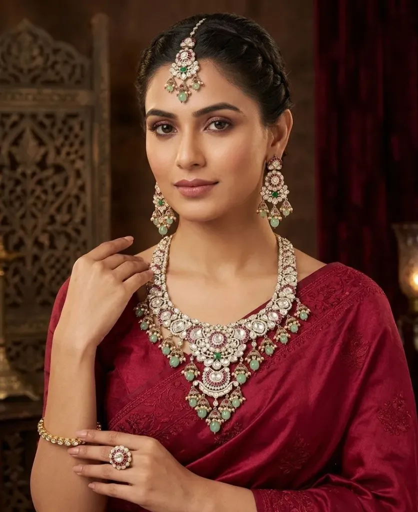 Premium Mint Ruby Kundan Victorian Long Set