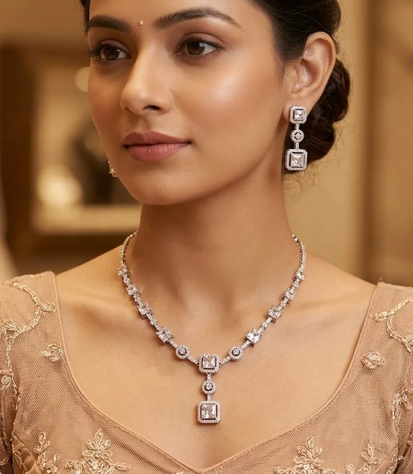 Square Design American Diamond Necklace